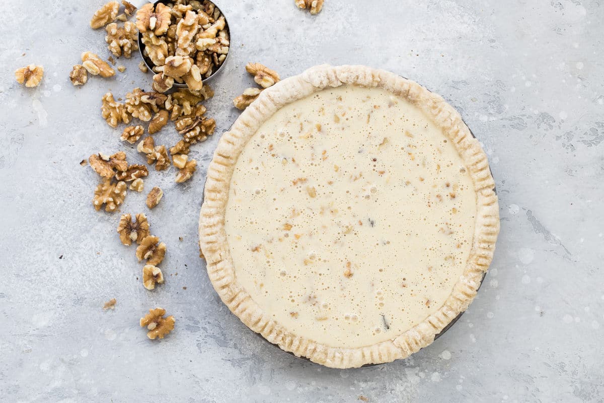 A chocolate walnut pie before baking.