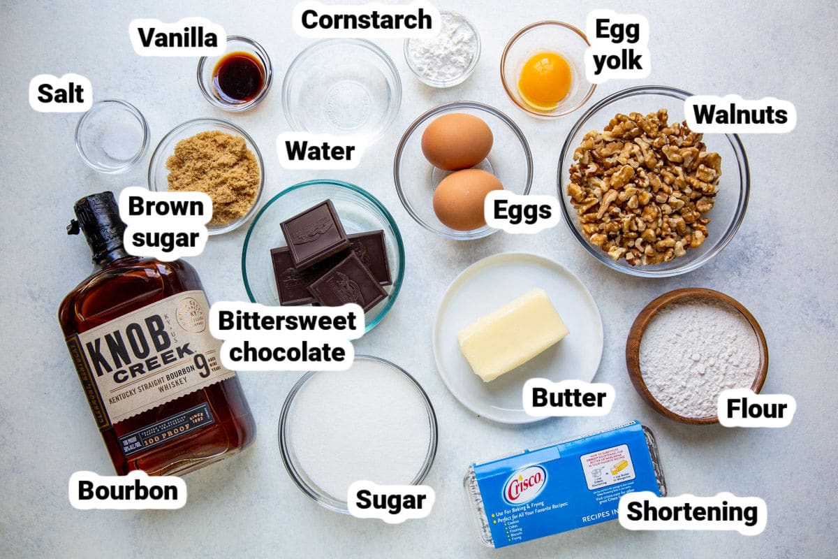 Chocolate walnut pie ingredients.