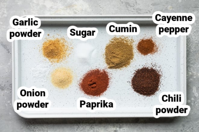 Labeled spices for fajita seasoning.