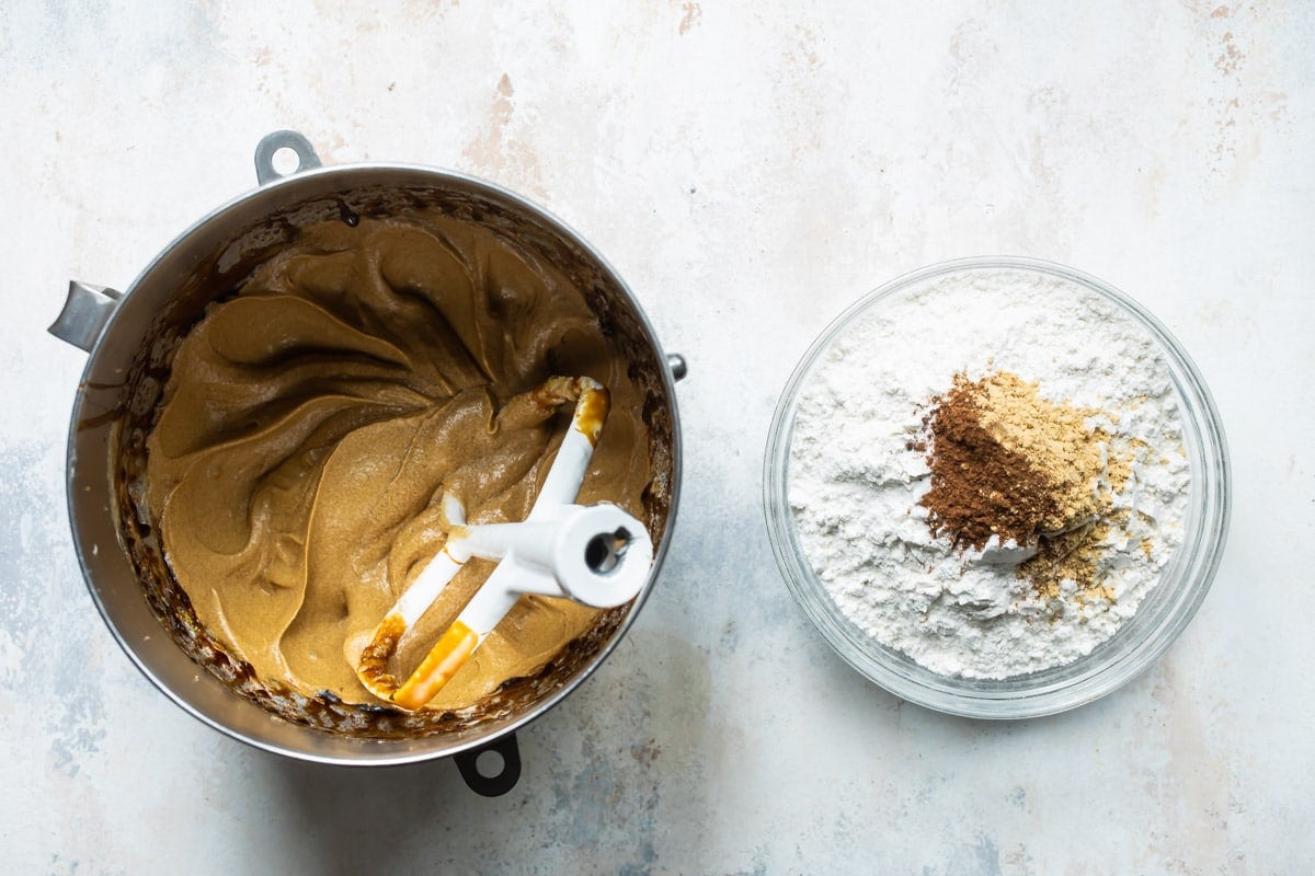 Ginger bread cookie dough in a mixing bowl.