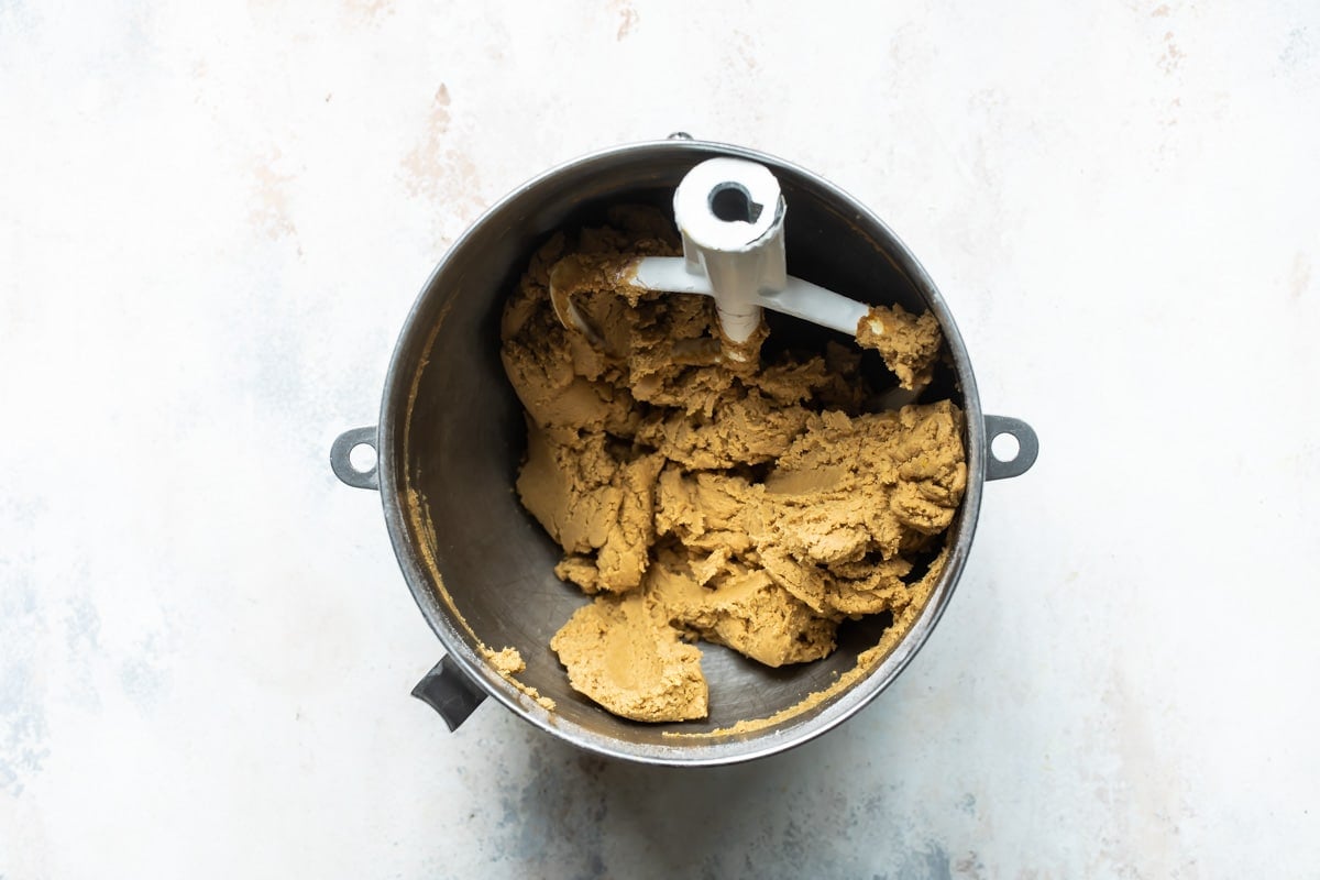 Ginger bread cookie dough in a mixing bowl.