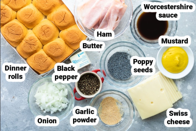Labeled ingredients for ham and cheese sliders.