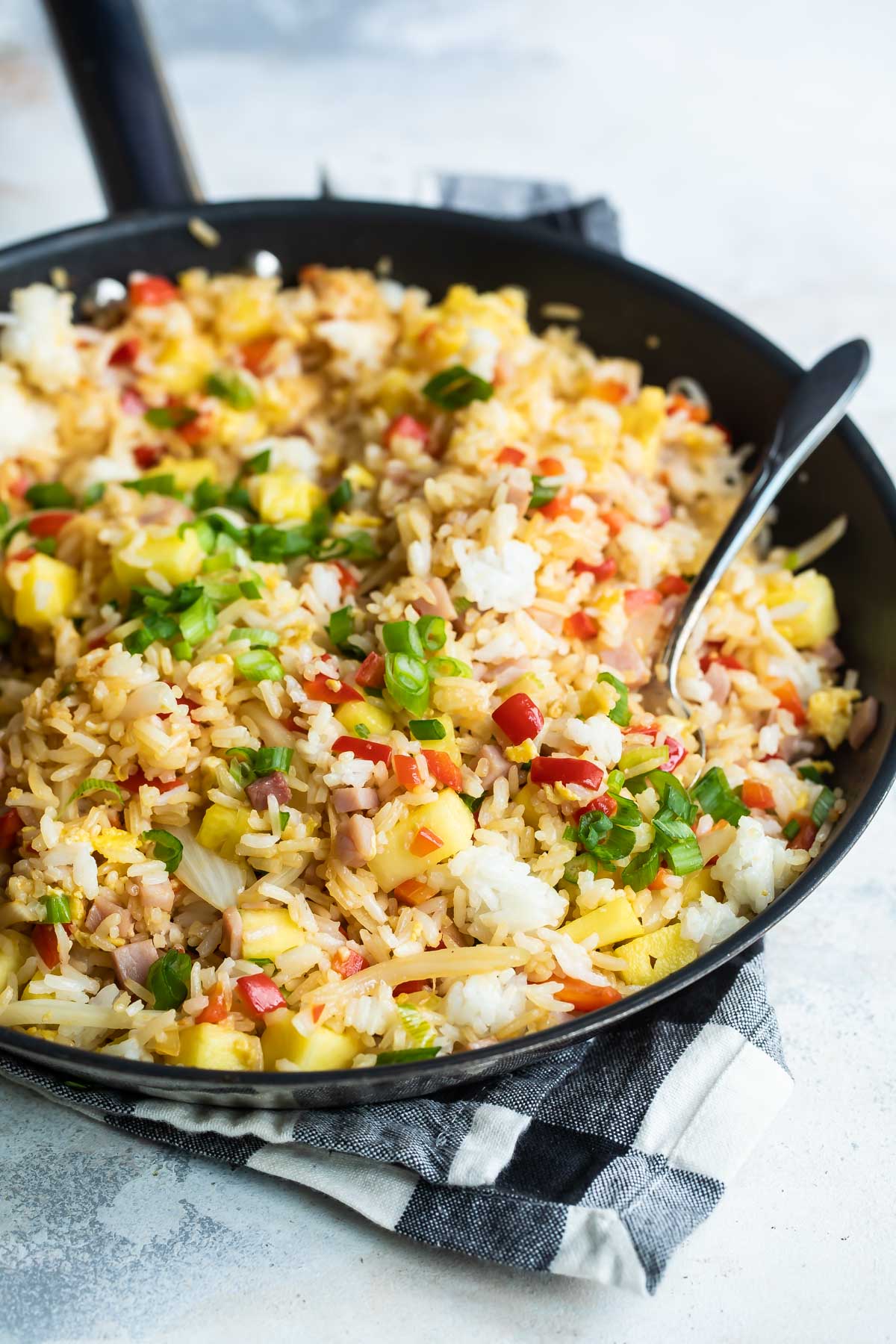 A skillet full of Hawaiian fried rice.