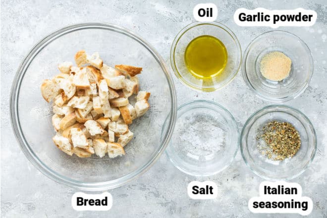 Labeled ingredients for how to make croutons.