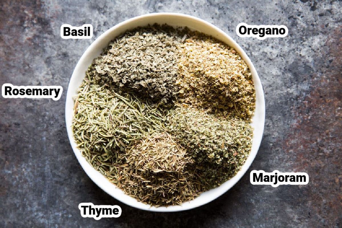 Labeled ingredients for Italian seasoning.