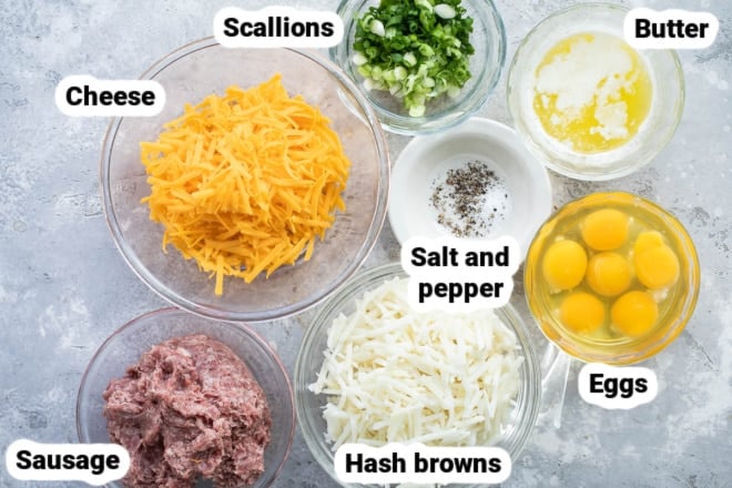 Labeled ingredients for sausage hash brown casserole