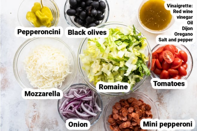 Labeled ingredients for antipasto salad.