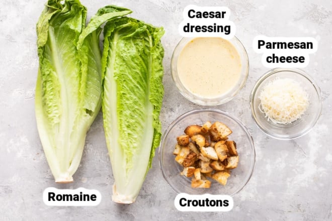 Labeled ingredients for Caesar Salad.