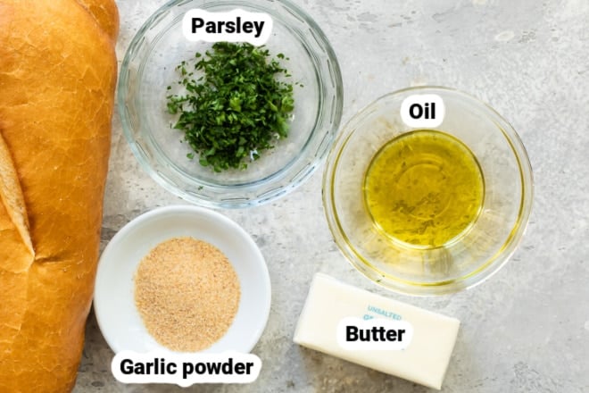 Labeled ingredients for garlic bread spread.