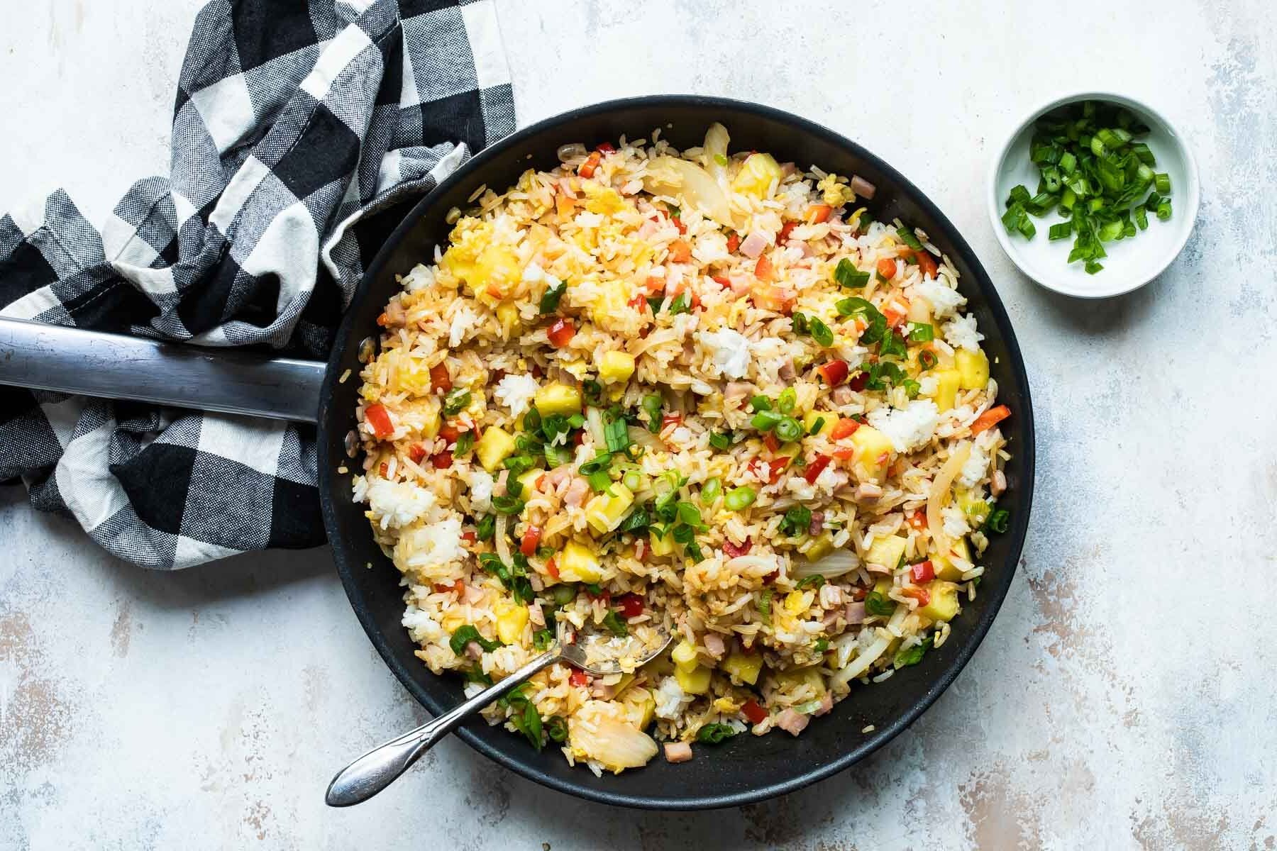 A skillet full of Hawaiian fried rice.