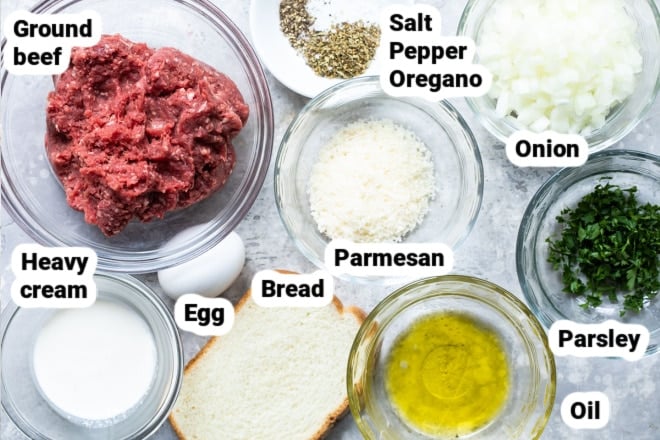 Labeled ingredients for Italian meatballs.