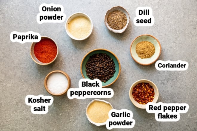 Labeled ingredients for Montreal Steak Seasoning.