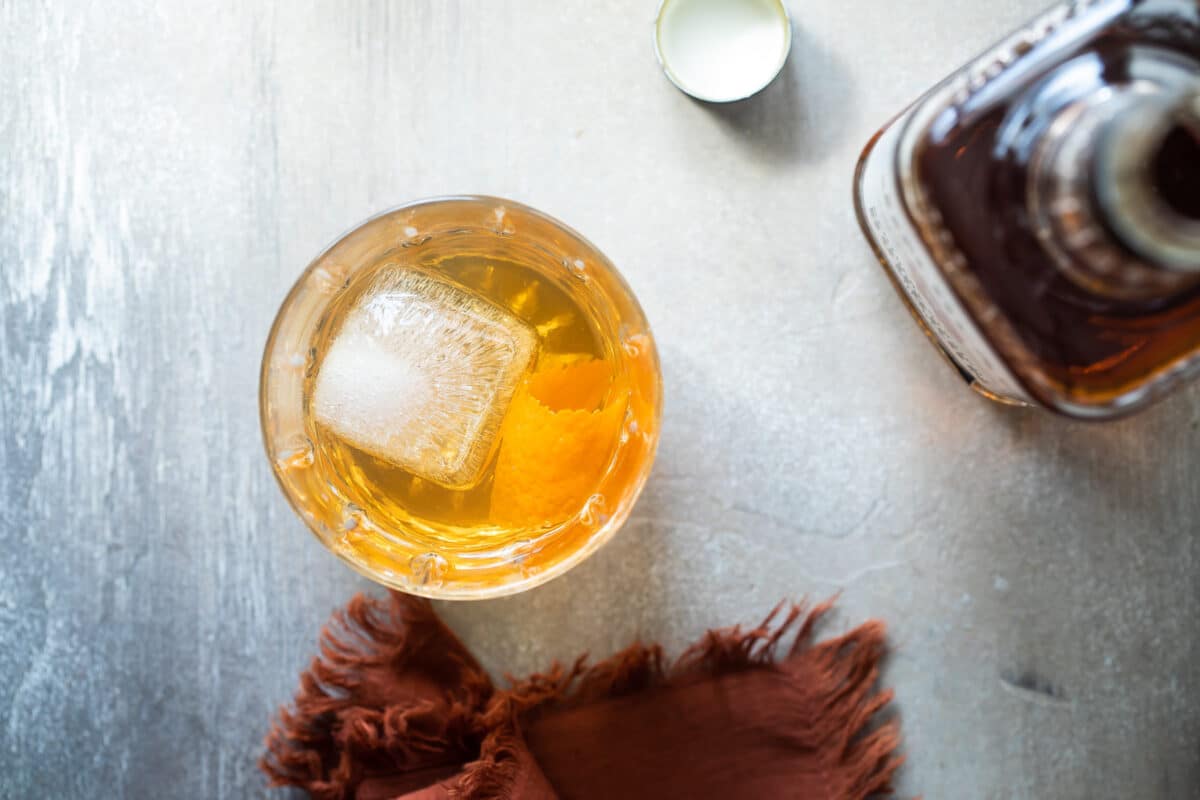An Old Fashioned cocktail in a rocks glass.