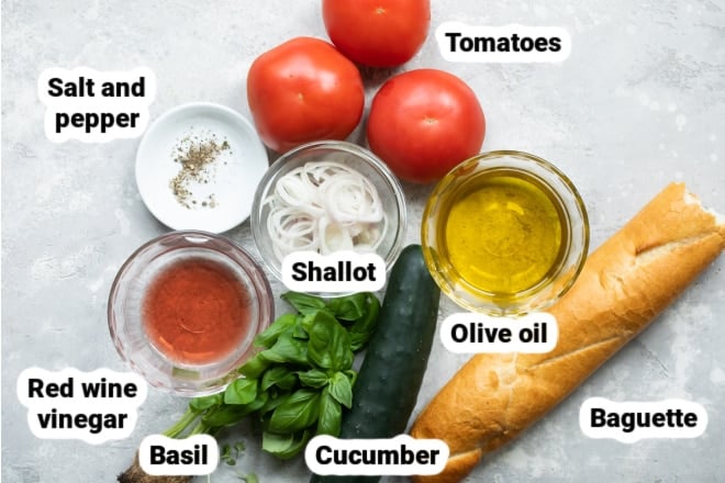 Labeled ingredients for a panzanella salad. 