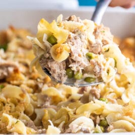 Tuna casserole in a white baking dish.