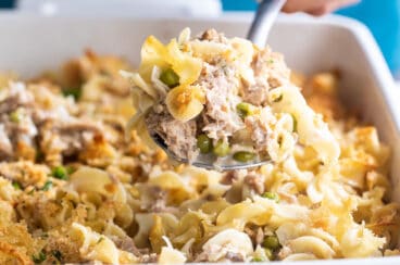 Tuna casserole in a white baking dish.