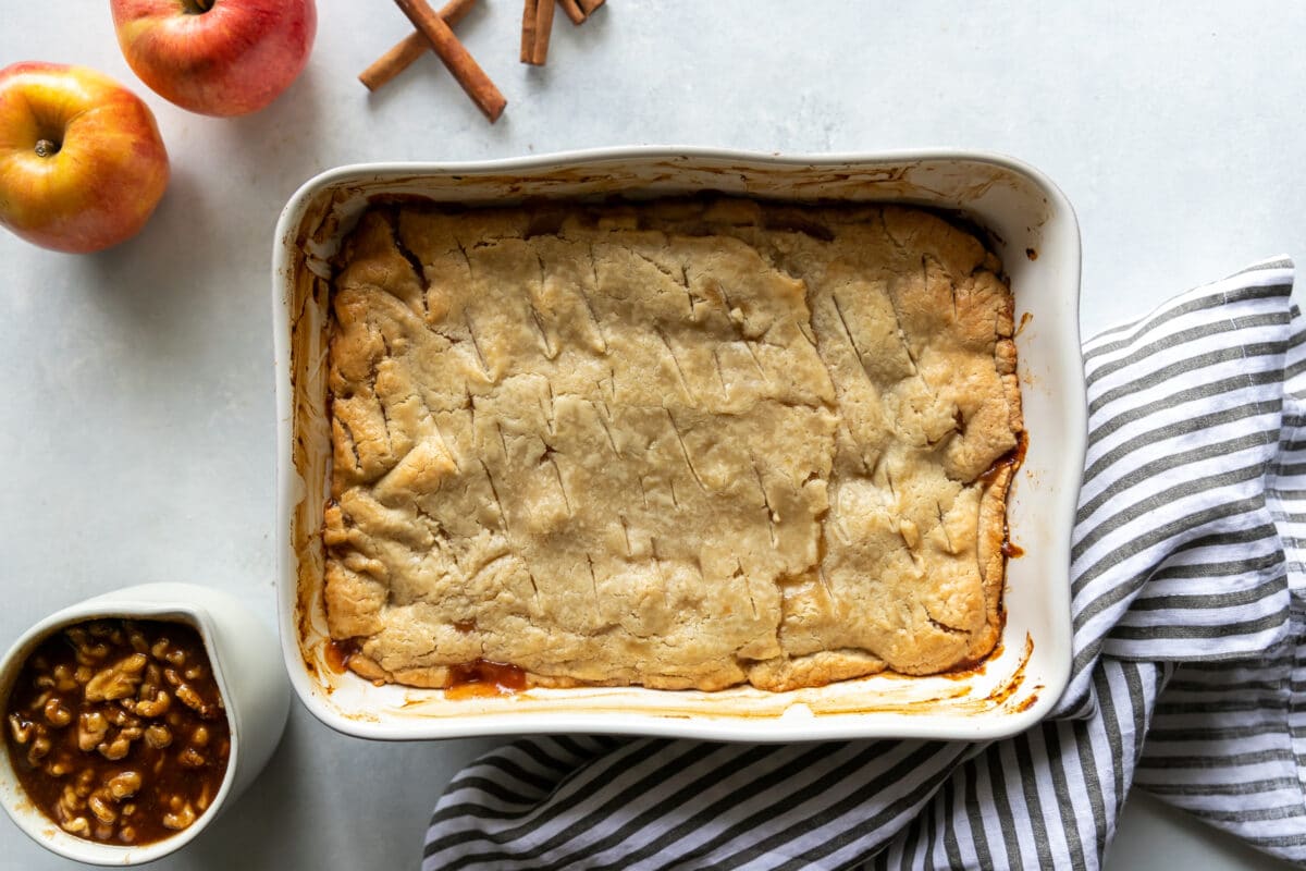 Deconstructed apple pies rebuilt in a baking dish.