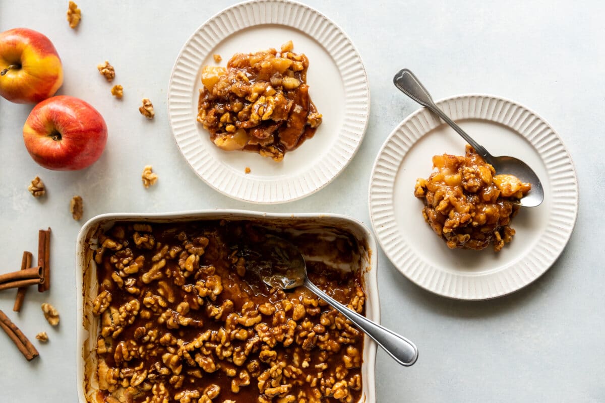 A pan of apple walnut cobbler.