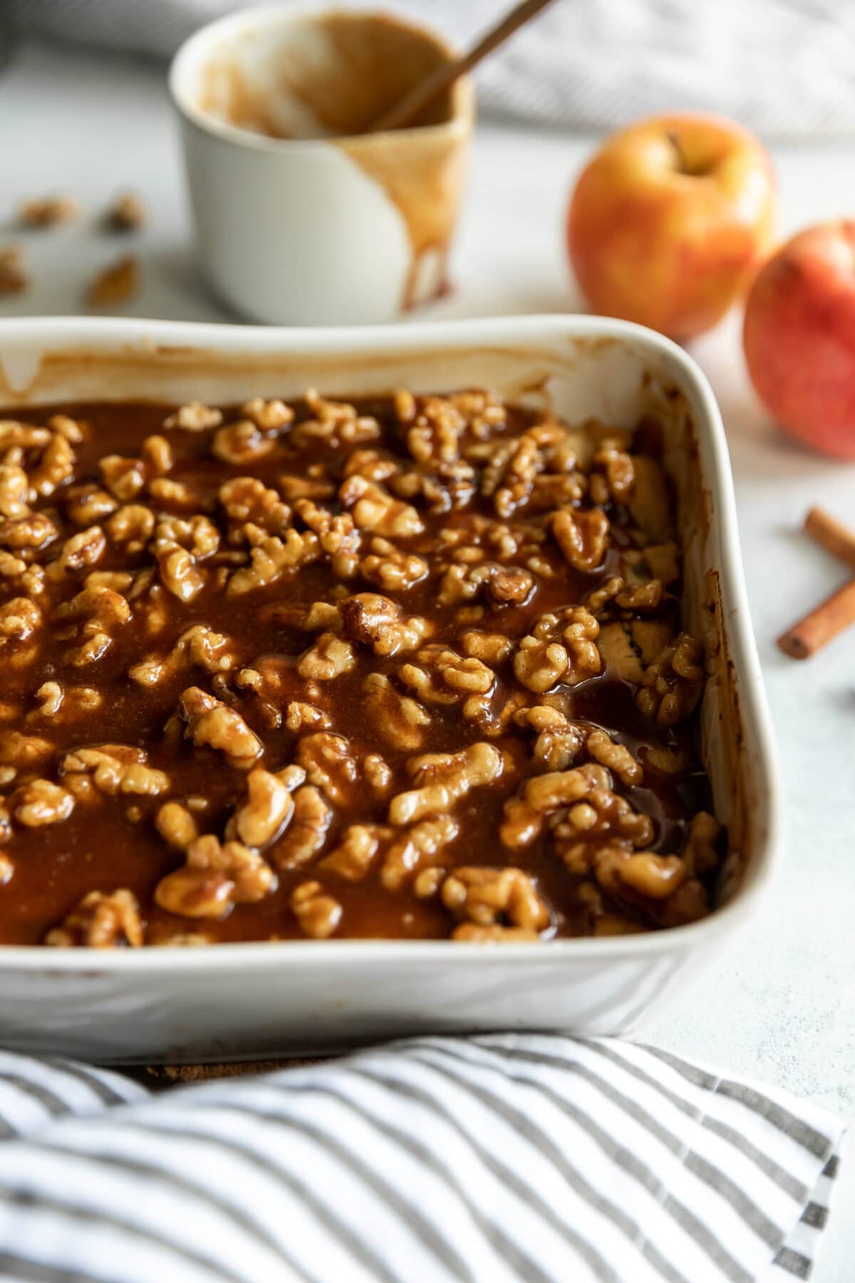 A pan of apple walnut cobbler.
