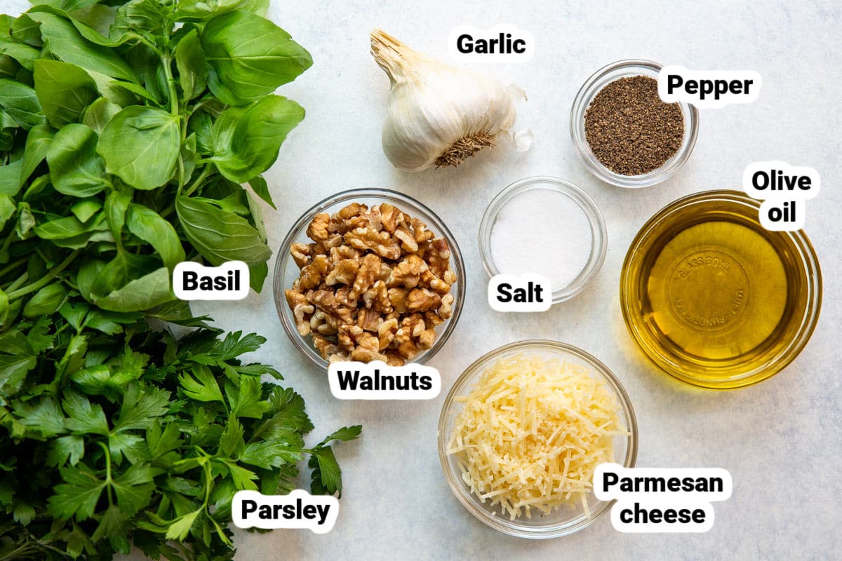Basil walnut pesto ingredients.