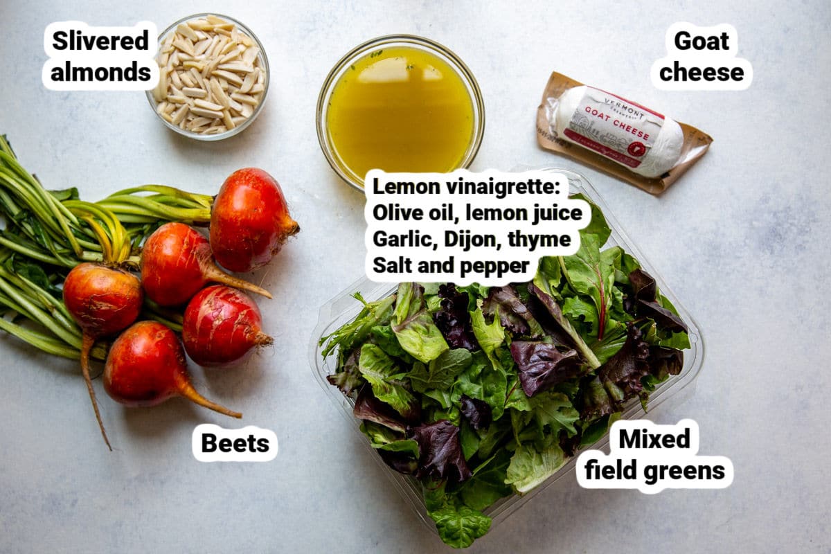 Beet salad and lemon vinaigrette ingredients.