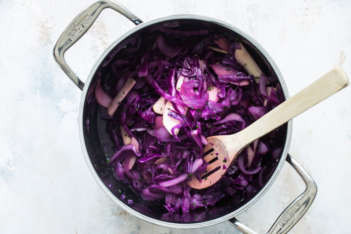 A saucepan full of braised red cabbage.