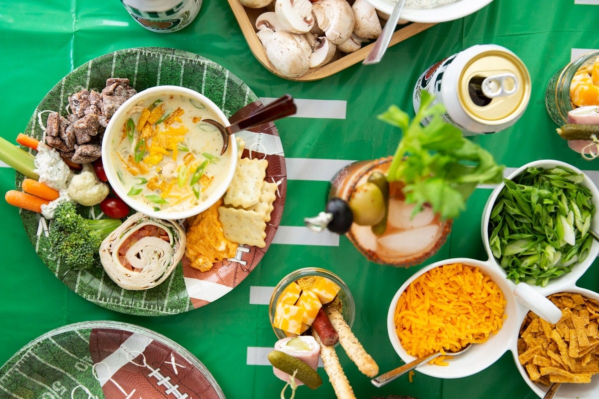 A football-themed spread on a table.