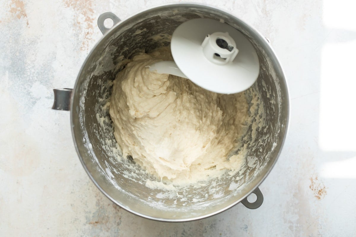 A bowl of dough for homemade pretzels.