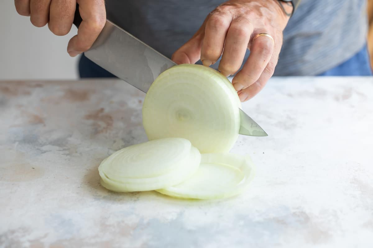 Slicing an onion.