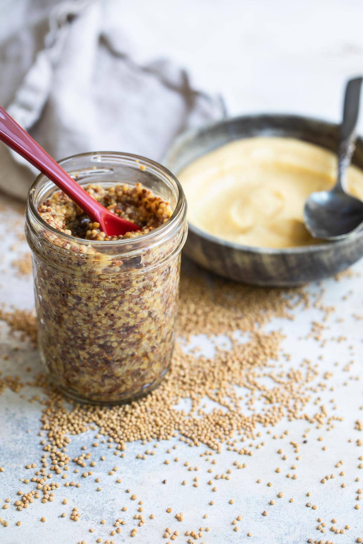 Homemade yellow mustard and whole grain mustard.