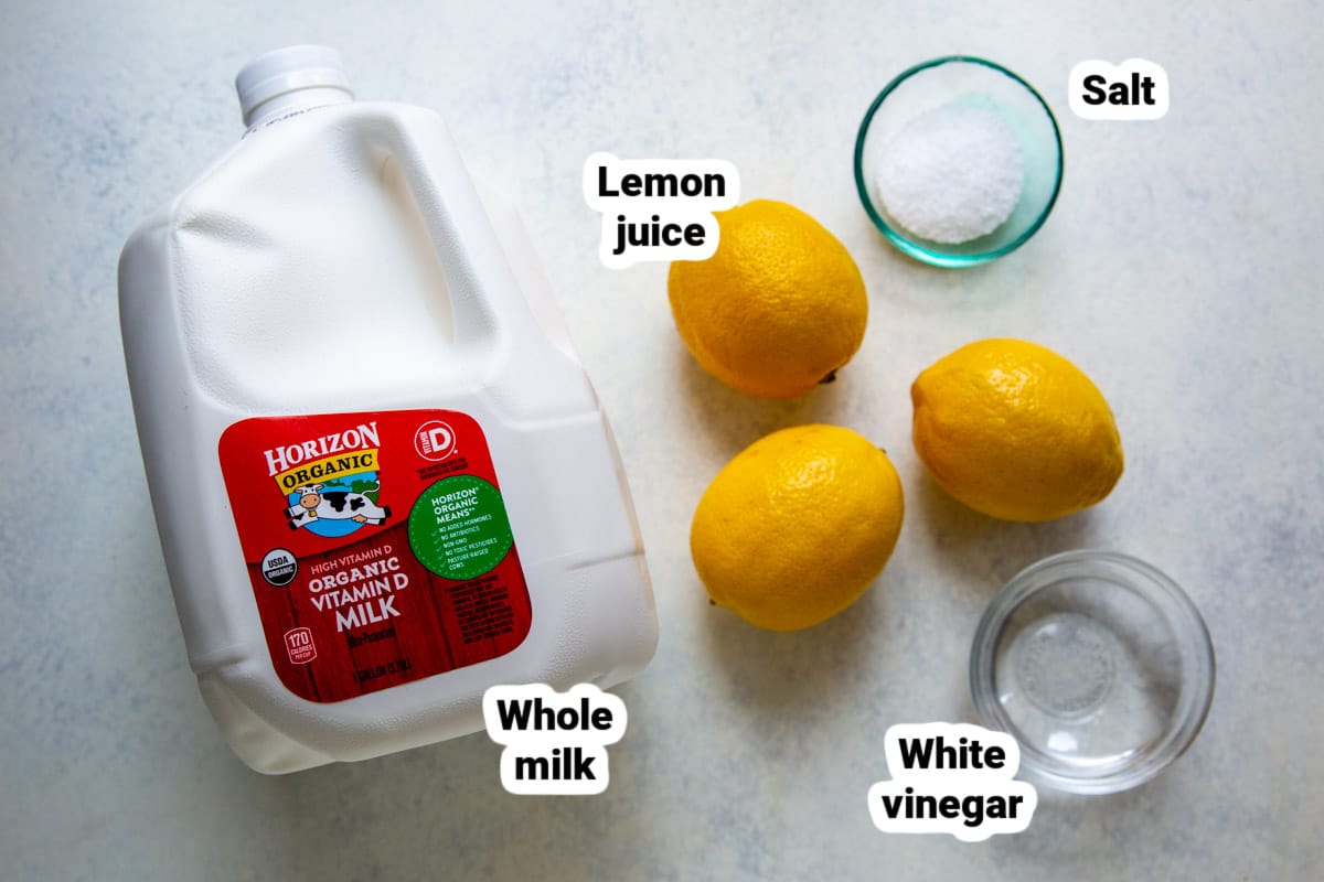 Ingredients for making ricotta cheese at home.