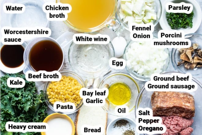 Labeled ingredients for Italian Wedding soup.