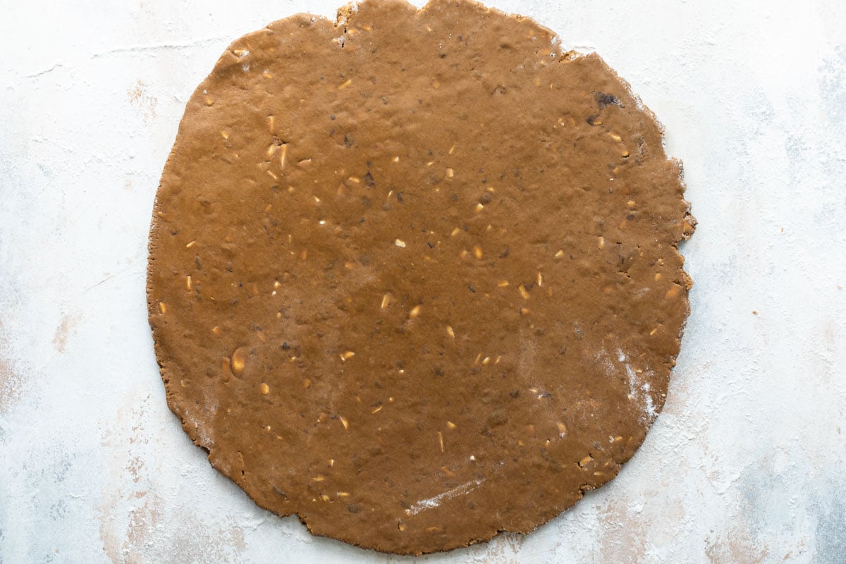 Lebkuchen dough rolled out flat.