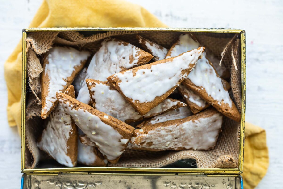 Glazed Lebkuchen in a vintage German metal tin box.