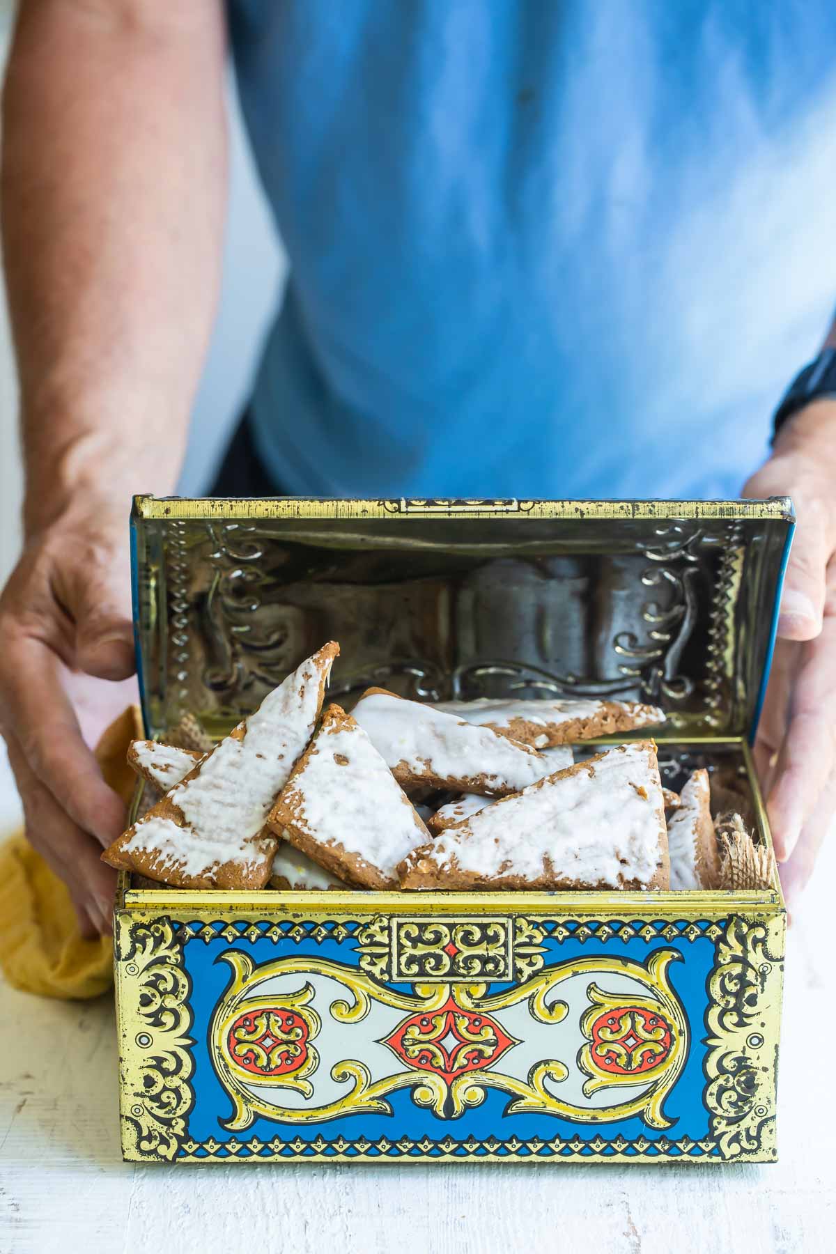 Glazed Lebkuchen in a vintage German metal tin box.