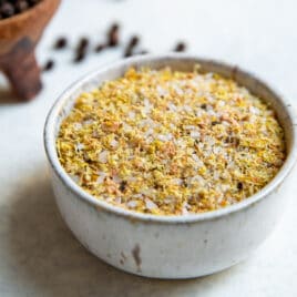 A bowl of homemade lemon pepper seasoning.