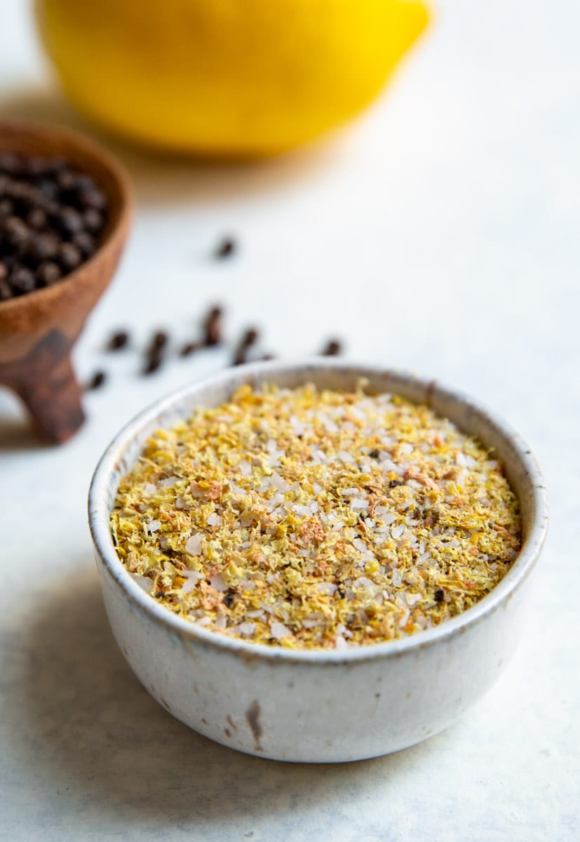 A bowl of homemade lemon pepper seasoning.