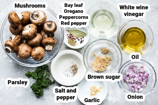 Labeled ingredients for marinated mushrooms
