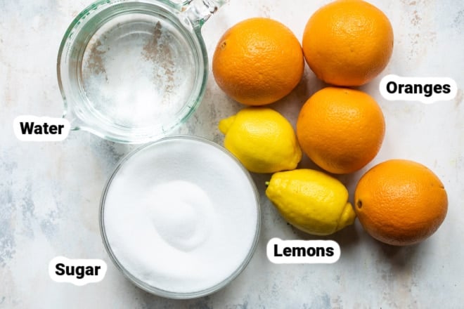 Labeled ingredients for orange marmalade.