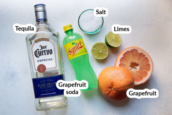 Labeled paloma cocktail ingredients.