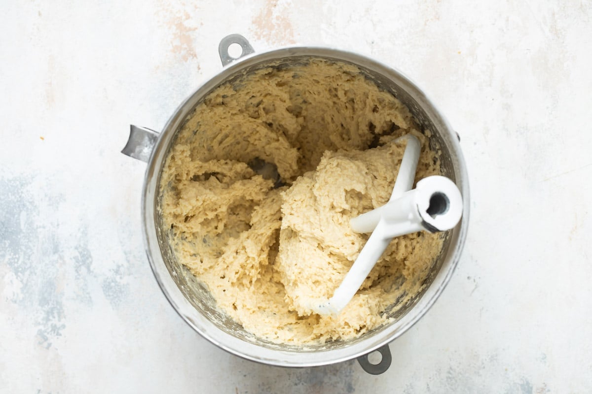Spaetzle dough in a mixer.