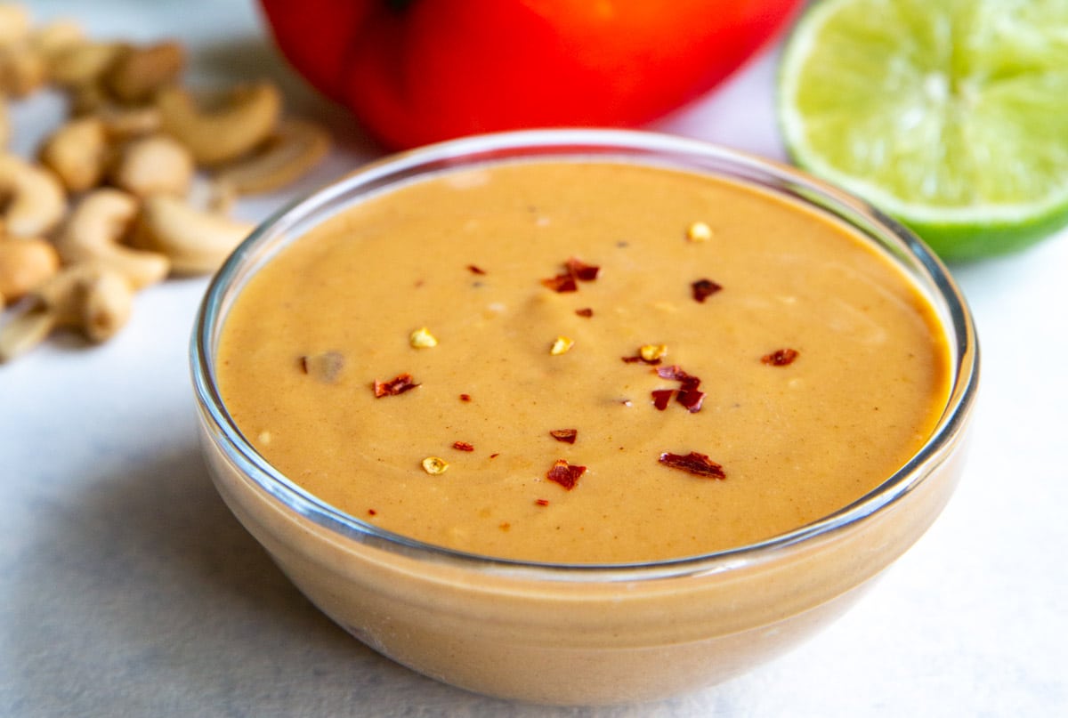 A bowl of Thai peanut dressing.