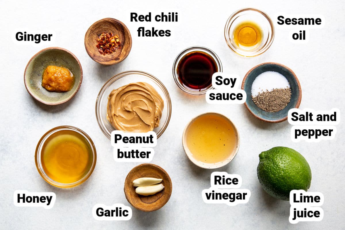 Labeled Thai peanut dressing ingredients.