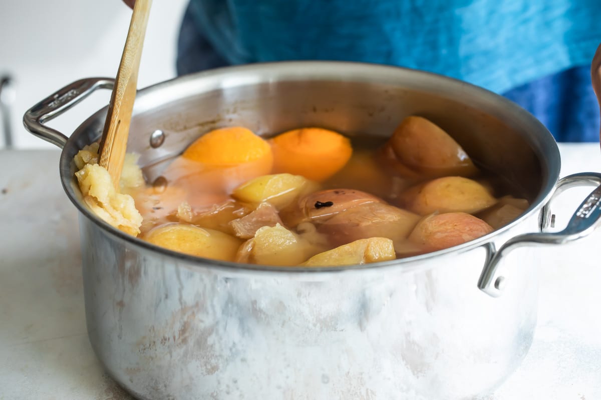 A stock pot with ingredients for apple cider.