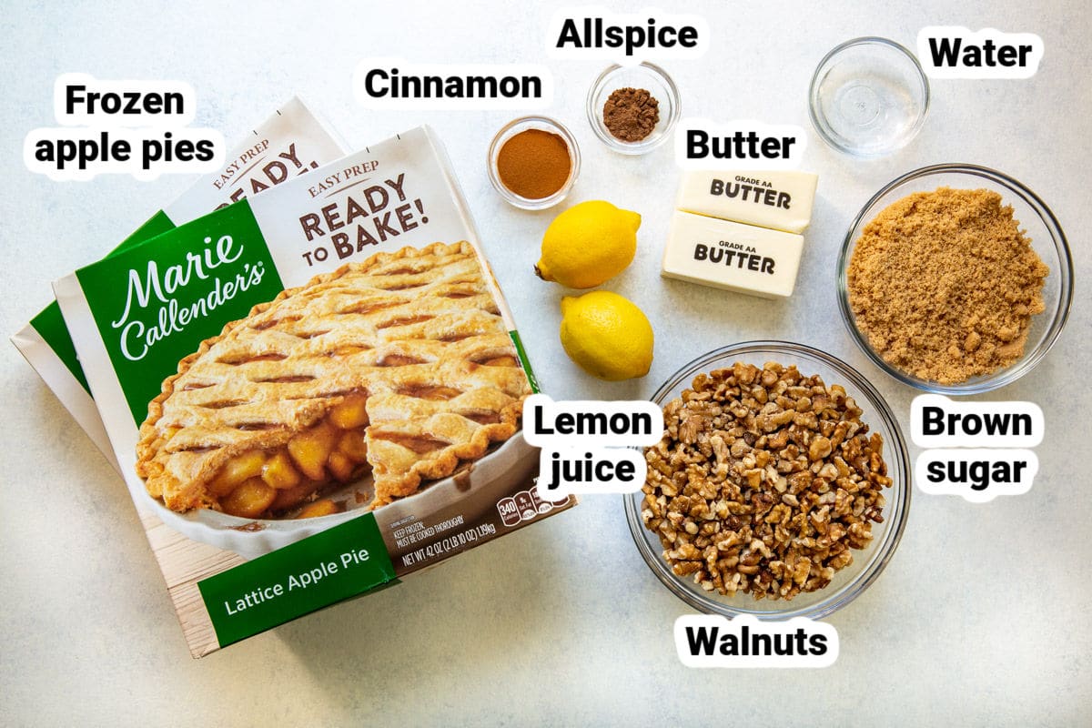 Labeled ingredients for apple walnut cobbler.