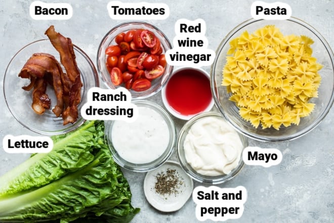 Labeled ingredients for BLT pasta salad.