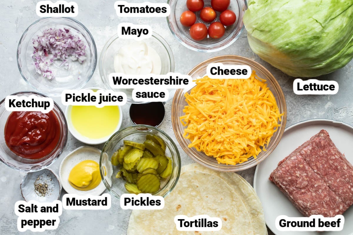 Labeled ingredients for Cheeseburger Quesadillas.