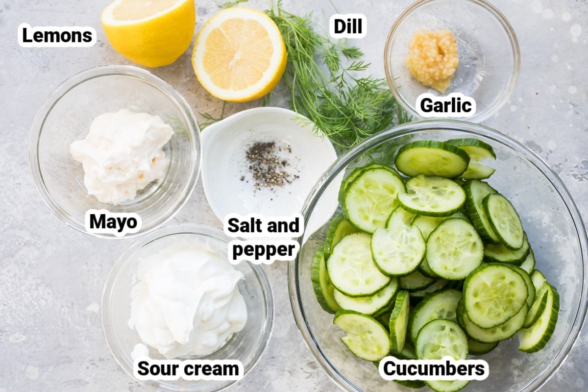 Labeled ingredients for creamy cucumber salad.
