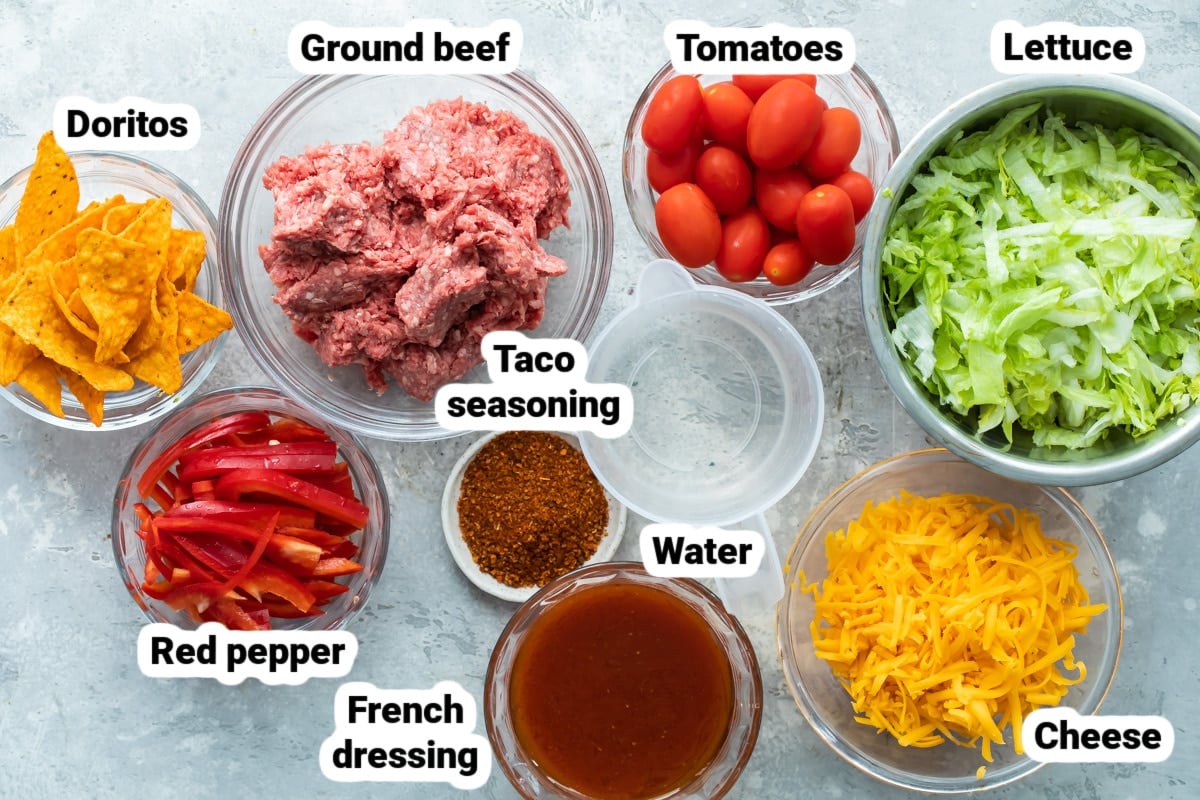 Labeled ingredients for Dorito Taco Salad