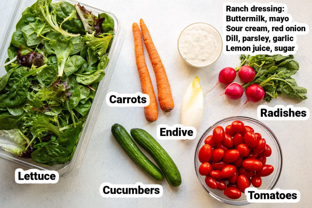 Labeled ingredients for Easy Garden Salad.